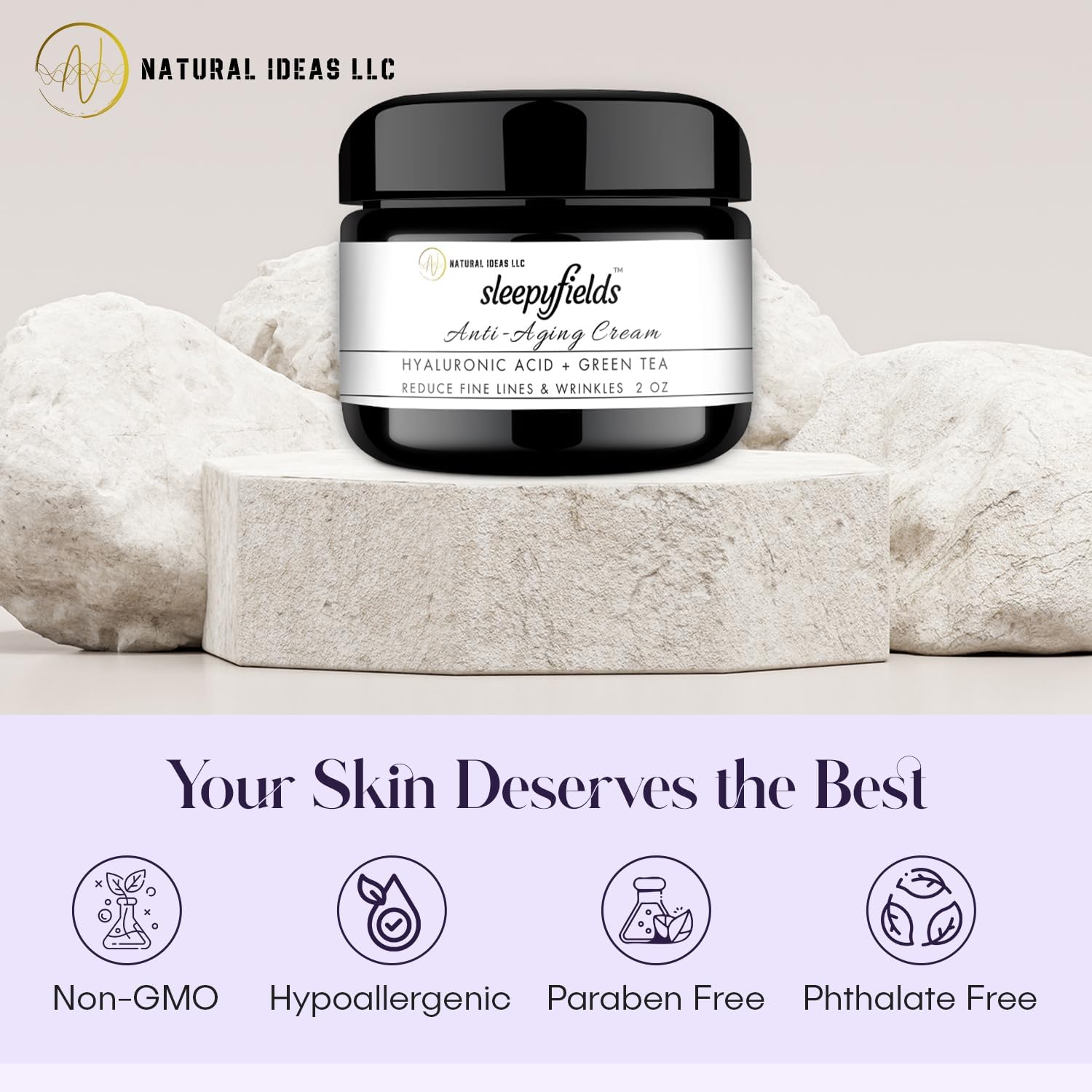SLEEPY FIELDS Anti-Aging Face Night Cream for Men and Women - Reduce Wrinkles, Fine Lines, and Crows feet - Natural Anti-Wrinkle Night Face Cream - Hyaluronic Acid, Green Tea, and Rose Water - 60 ml