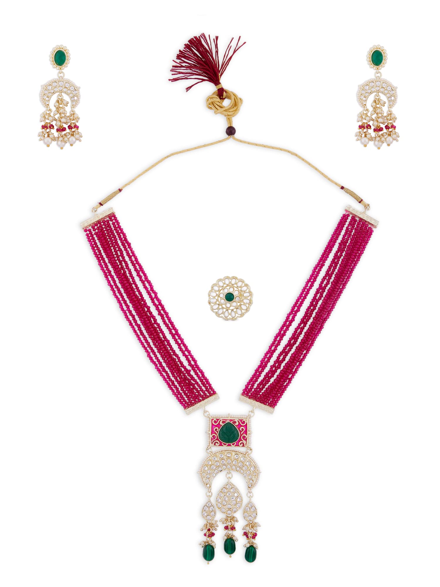 ZAVERI PEARLS Green Stones & Pink Crystals Beaded Multistrand Long Kundan Necklace Earring & Ring Set For Women-ZPFK13802 (B0B1JH98JJ) Amazon Price History, Amazon Price Tracker