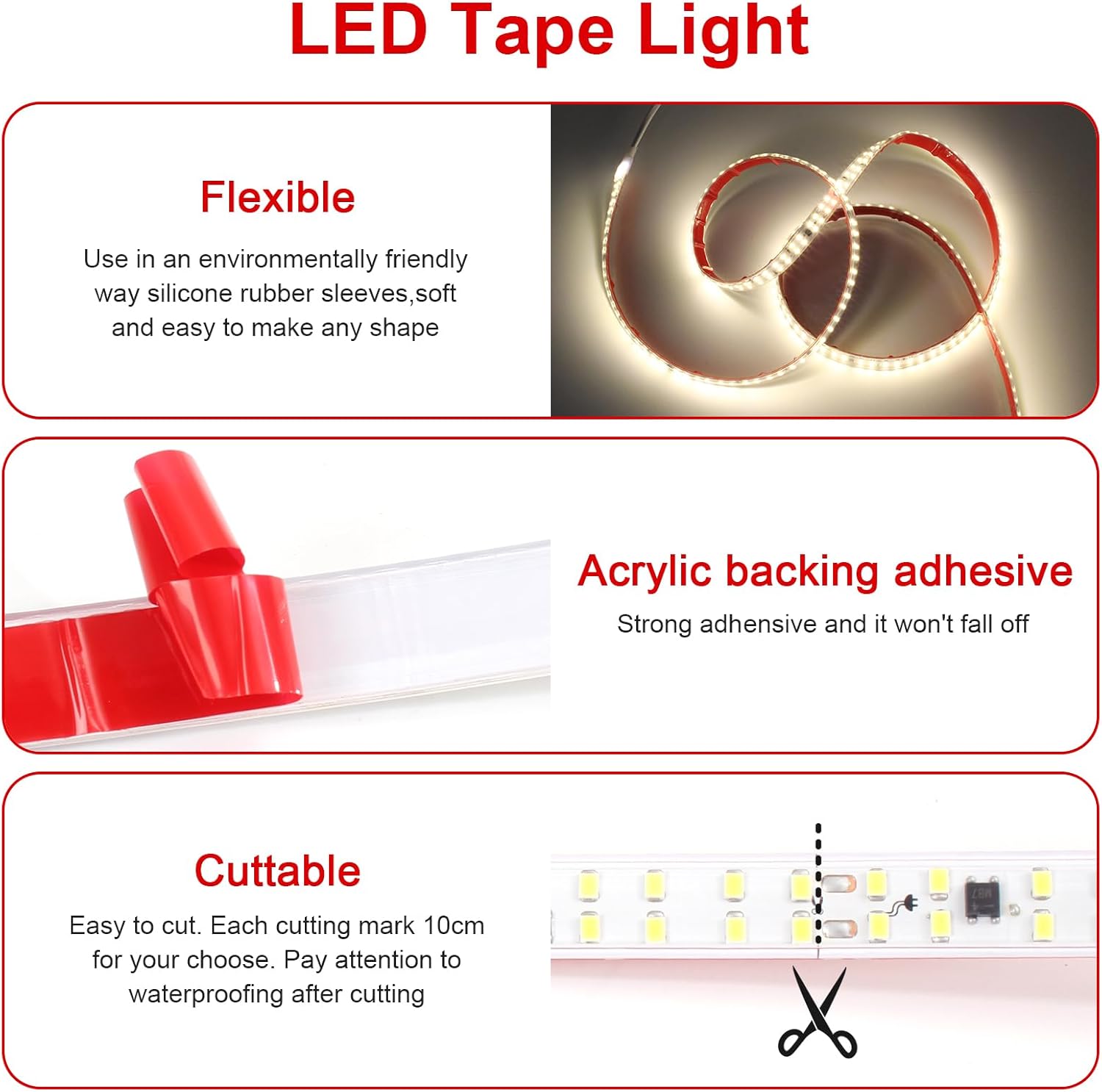 LED Strip Lights Outdoor Waterproof 16.4FT AC 110 Volts Cuttable LED Light 5M 240LEDs/m 4000K with Adhesive Double LED Bead Lighting for Bedroom Indoor Patio Christmas Decor