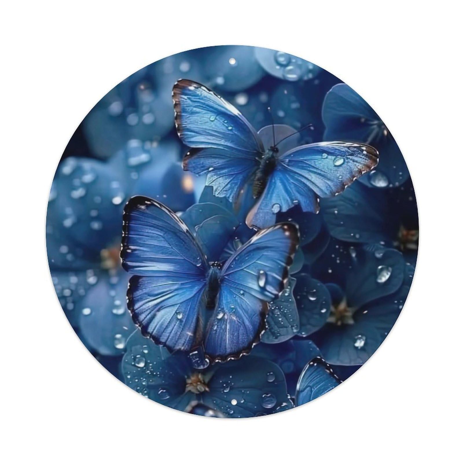 Cwbufd Vintage Style Animal Blue Morpho Butterfly Hydrangea Water Droplet Glitter Vintage Metal Tin Sign Plaque Wall Decor For Cafe, Club Bar, Office, Garden Metal Poster 8X8inch