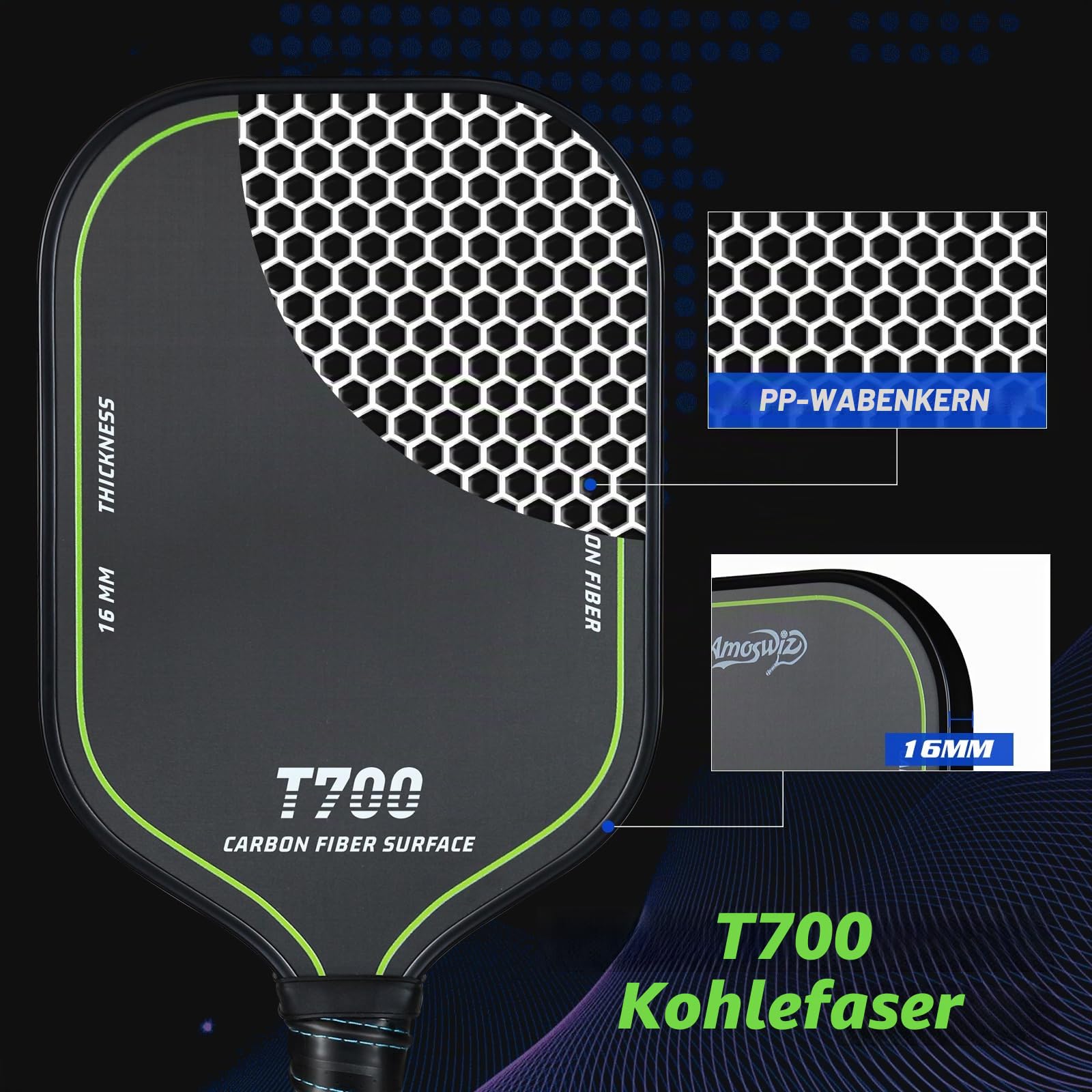 Pickleball-Paddel aus Kohlefaser, T700 Carbon-Pickleball-Paddel, 16 mm, strukturierte Oberfläche für Porfessions- und Fortgeschrittene Spieler