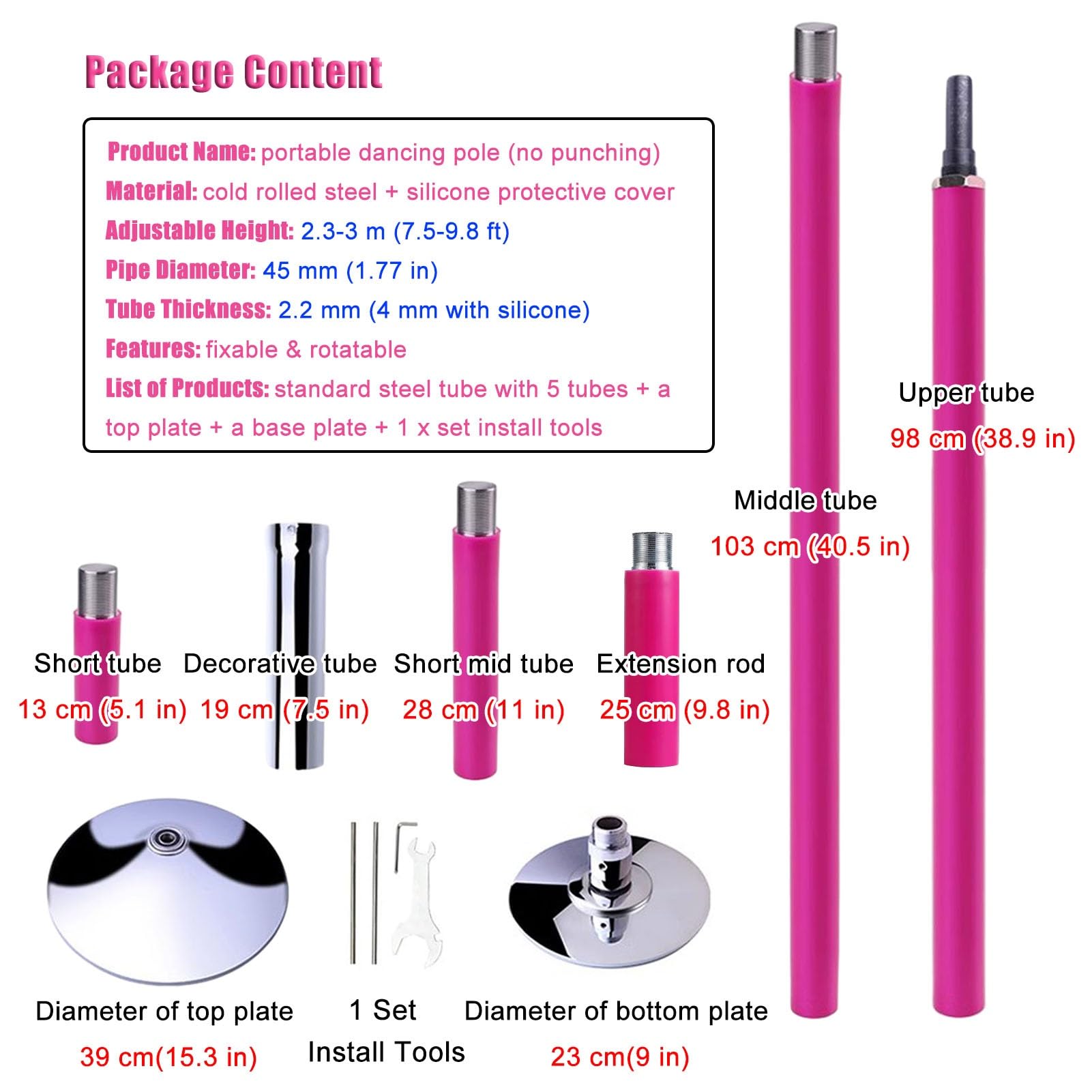 Kit per pole dance portatile per spinning e statico, in silicone, autoportante, per casa, regolabile, per fitness/esercizi, 2,3-3 m