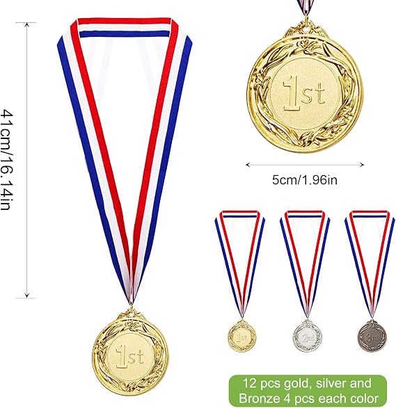12 Pcs Medals for Children Sports Day Medals 2 inch Gold Silver Bronze Medals Metal for Kids Adults Winner Medal with Ribbon 1st 2nd 3rd Medals Award for Gymnastic Medal Competitions Party