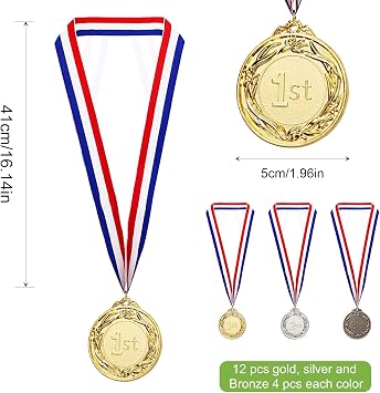 12 Pcs Medals for Children Sports Day Medals 2 inch Gold Silver Bronze Medals Metal for Kids Adults Winner Medal with Ribbon 1st 2nd 3rd Medals Award for Gymnastic Medal Competitions Party