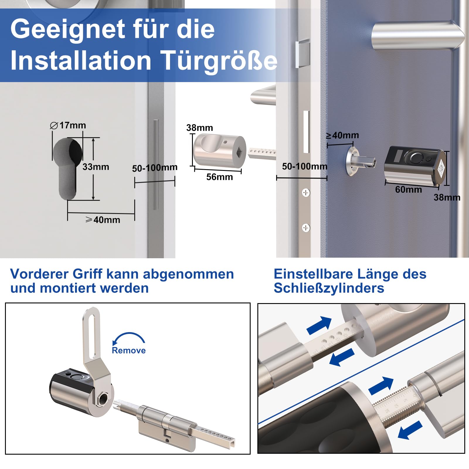 WELOCK Touch63 Türschloss Fingerabdruck,mit RFID Karte,APP,WiFi | Fingerabdruck Schloss haustür IP65,Elektronisches Türschloss Schließzylinder für Türen von 50-100mm,Smart Türschloss