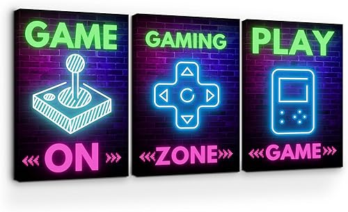 MAVIS PRINT Gaming Zone - Juego de arte de pared en lienzo de 3-24 x 36 pulgadas, decoración de pared con temática de videojuegos HD impresa y marco MAVIS PRINT Gaming Zone - Juego de arte de pared en lienzo de 3-24 x 36 pulgadas, decoración de pared con temática de videojuegos HD impresa y marco