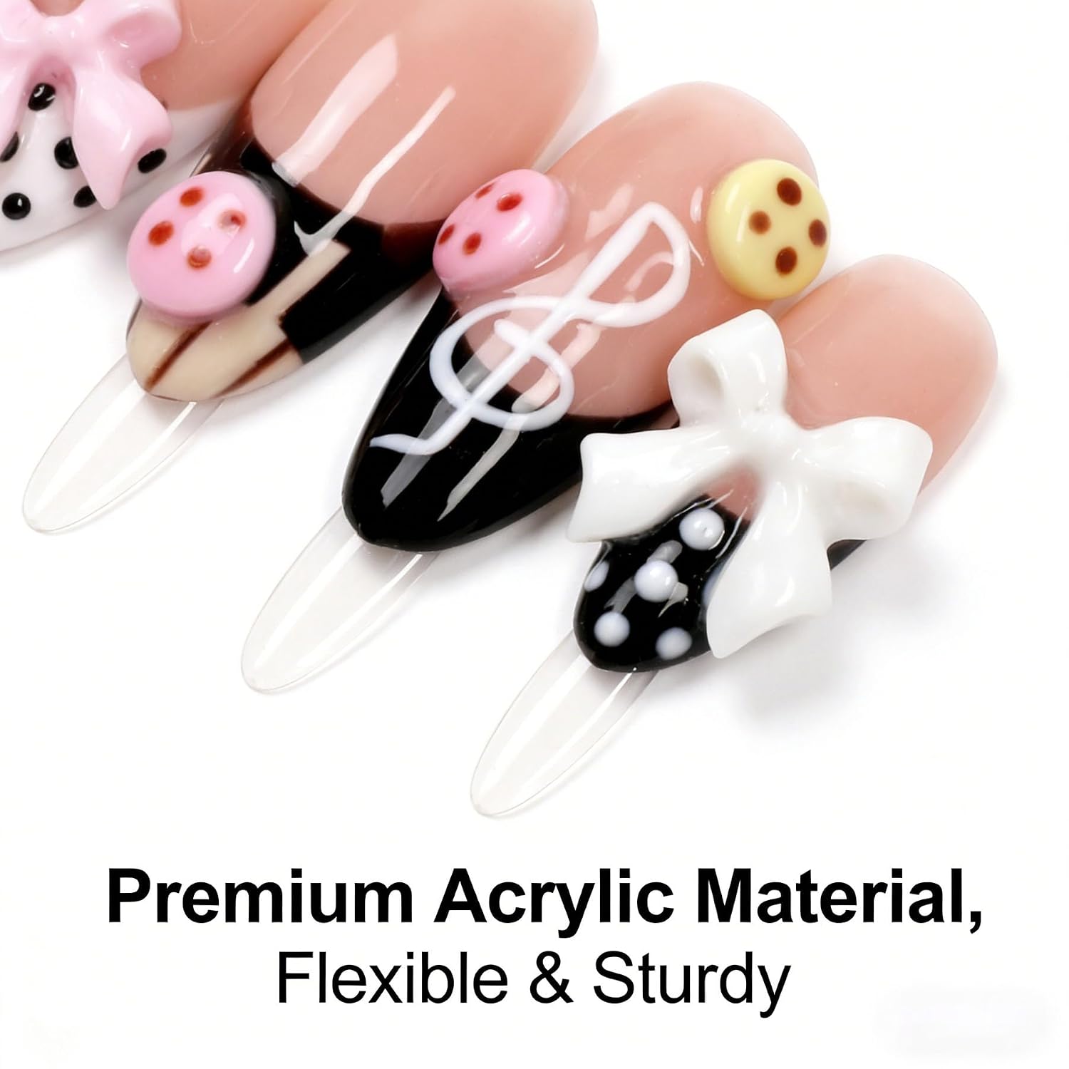 Handmade Press on Nails Almond Shape 3D Cute Glue on Nails for Women, Luxury Homemade Press on Nail Art Design, Fake Nails with 3D Nail Charms Size M 8