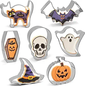 Halloween Cookie Cutters Set 7 Pieces - Large Bat, Ghost, Pumpkin, Witch Hat, Cat, Skull, Coffin Shapes, Stainless Steel Biscuit Molds for Holiday Baking Halloween Food Party Decorations