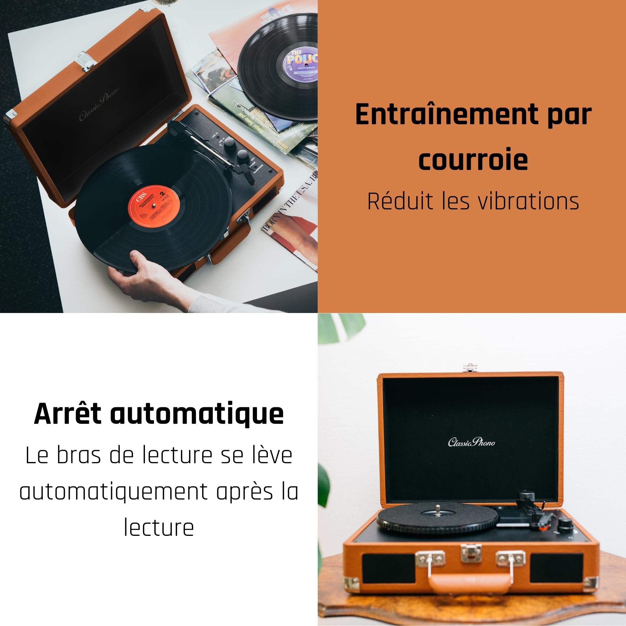 Lenco Classic Phono TT-10BN - Platine Vinyle Valise - Haut-Parleurs - Fonction arrêt automatique - 3 vitesses - Entraînement par courroie - AUX - Sortie ligne - Marron