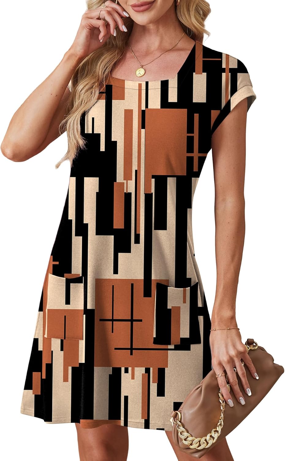 OFEEFAN Summer Dresses for Women 2026 Loose Square Neck Cap Sleeve Casual Beach Vacation Tshirt Dress Sundresses with Pockets - Image 5