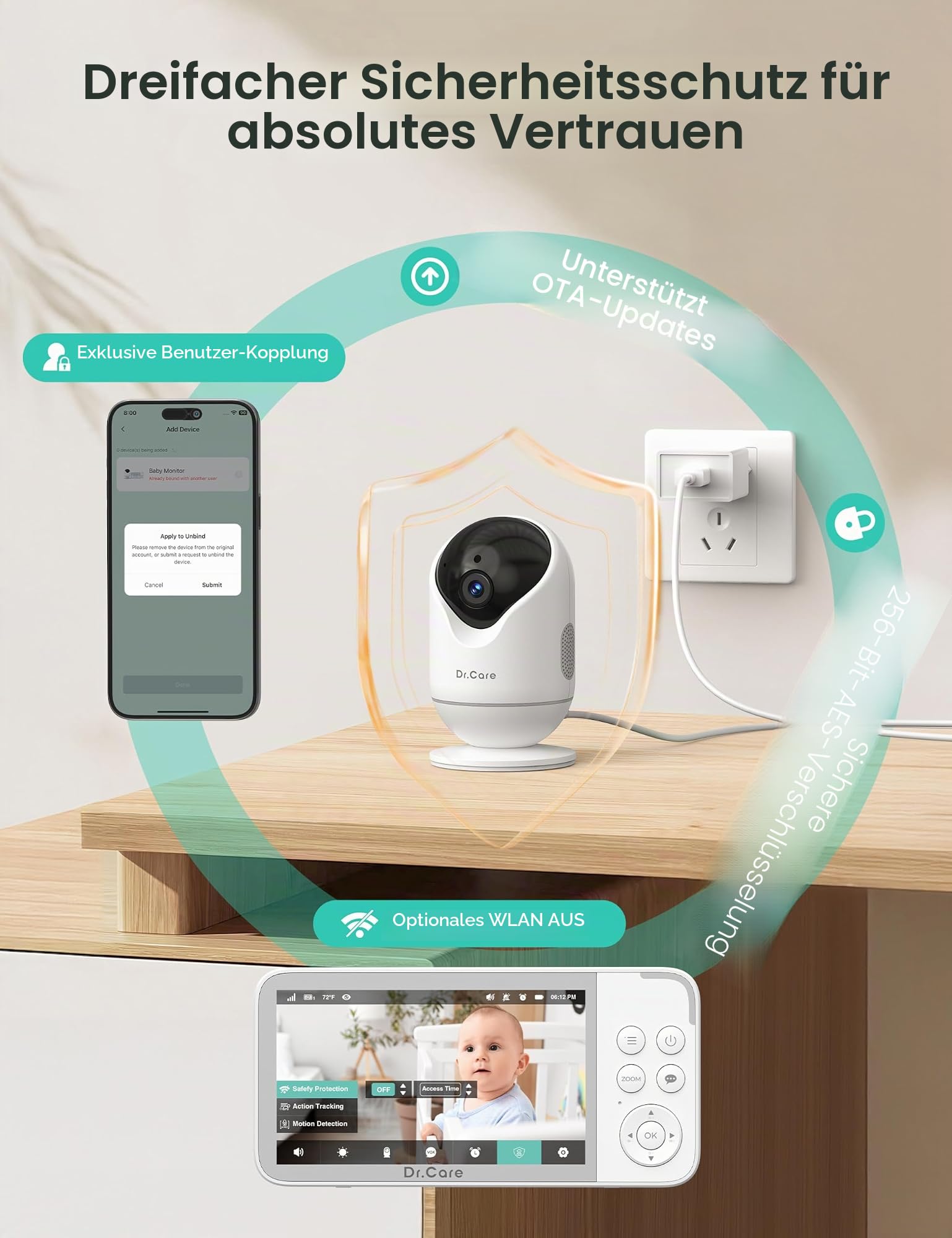 Dr.Care VistaView Smart WLAN Babyphone mit 2 Kameras, 5” 1080P HD, 2K Kamera, App-Steuerung, Bewegungs- & Weinen-Alarm, Nachtsicht, 5000mAh, Zwei-Wege-Audio, 390m Reichweite