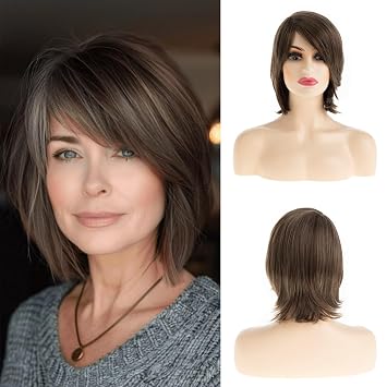 Sallcks Short Brown Bob with Bangs Grey Brown Natural Straight Synthetic Wig for White Women