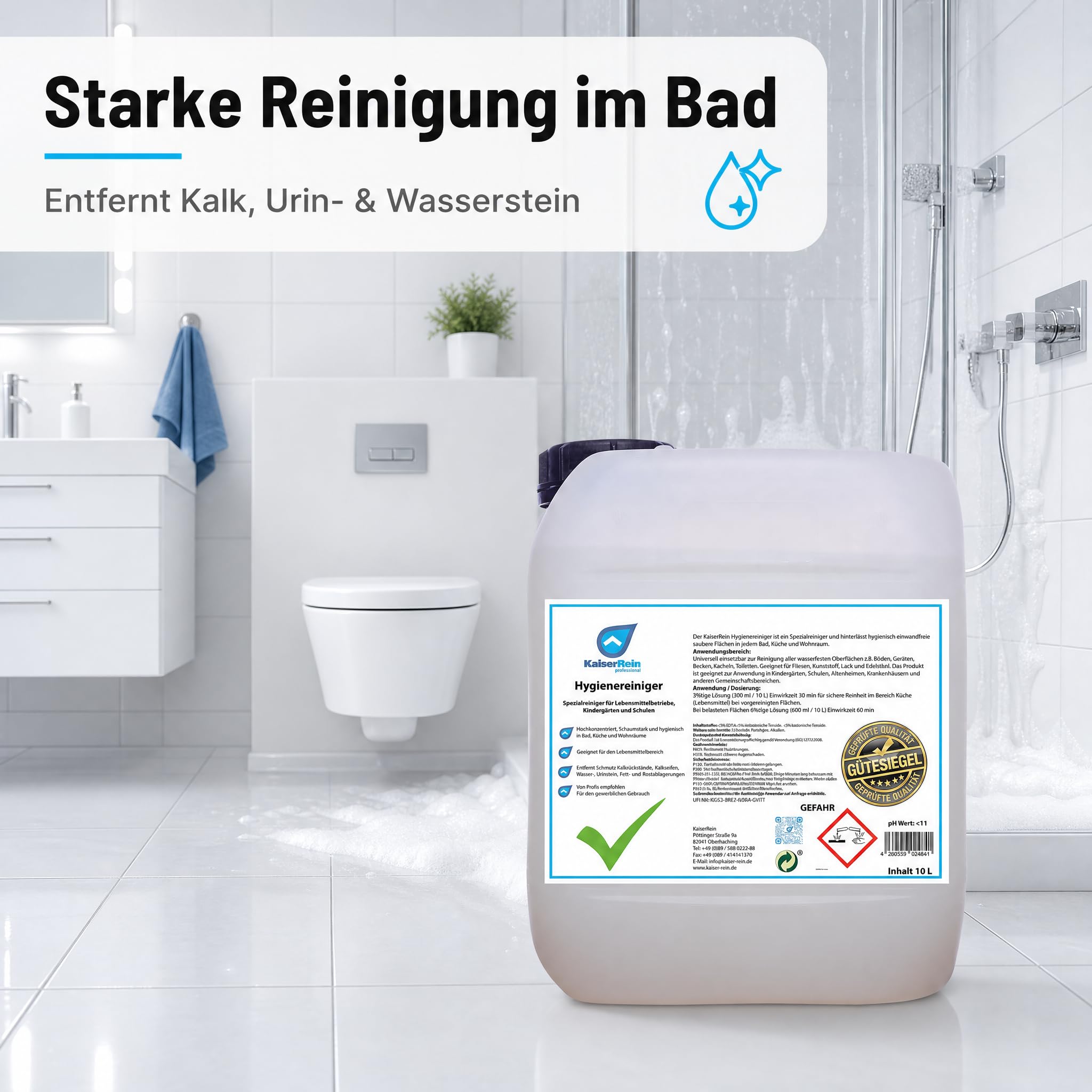 KaiserRein Hygienereiniger Konzentrat, Profi-Universalreiniger für Bad, Küche & Boden, Sanitärreiniger/Kalkreiniger/Fettlöser, 10 L Kanister, schaumfähig für wasser- & säurebeständige Oberflächen