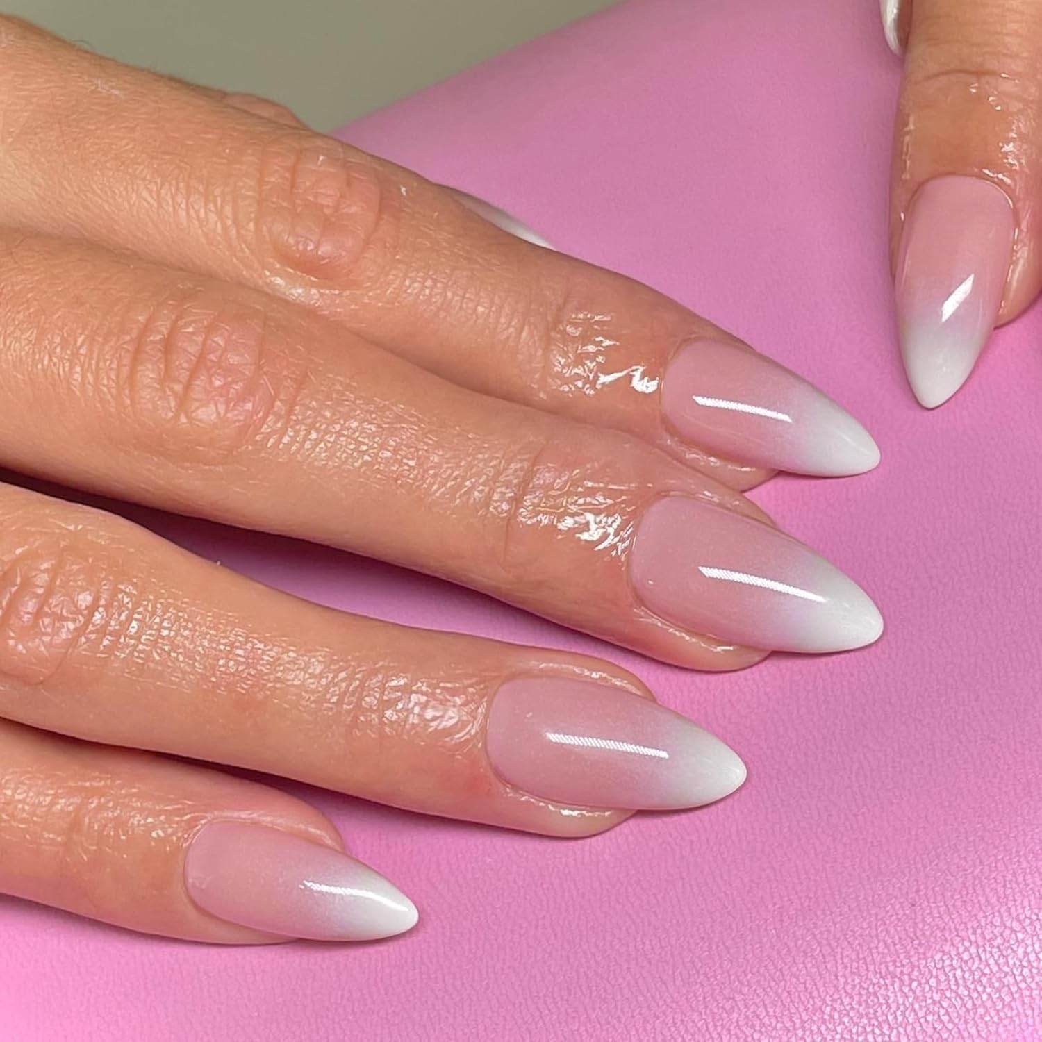 KQueenest Ombre Press on Nails Almond, French Tip False Nails Medium Stiletto, Gradient White Pink Fake Nails Press ons - Image 3