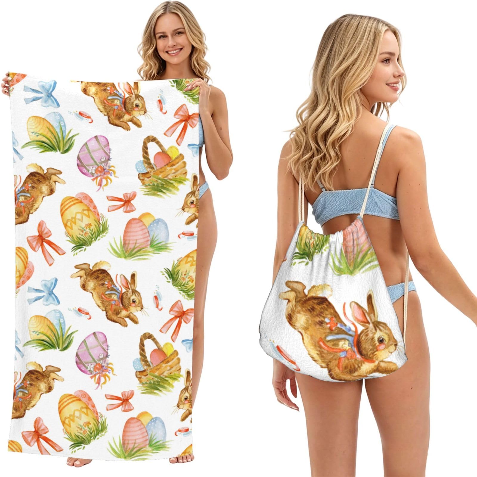Poadnly Watercolor Easter Rabbit Egg, 2 in 1 Packable Towel Bag, Beach Towels with Drawstring Backpack for Travel Holiday Camping