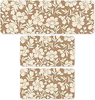 Kit Tapete de Cozinha 3 Peças com Passadeira e Tapetes Antiderrapantes Flores de Areia 95x34cm e 60x34cm
