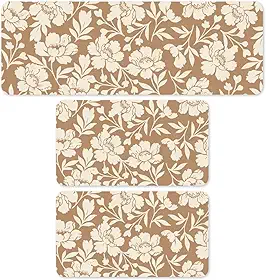 Kit Tapete de Cozinha 3 Peças com Passadeira e Tapetes Antiderrapantes Flores de Areia 95x34cm e 60x34cm