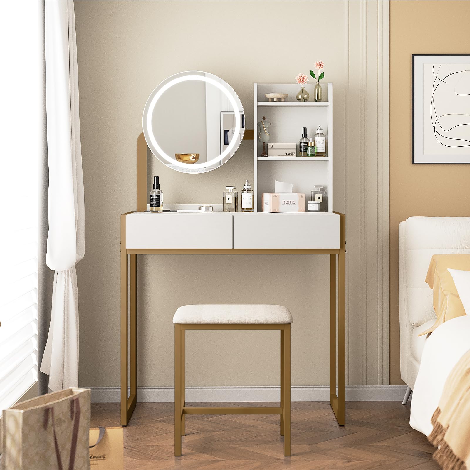 small gold dressing table Amazon.com: Small Vanity Desk with Mirror and Lights, Makeup Vanity Table  with LED Mirror, 3 Lighting Modes, Power Outlet, Drawer, Open Shelves and  Cushioned Stool for Bedroom (Gold) : Home & Kitchen