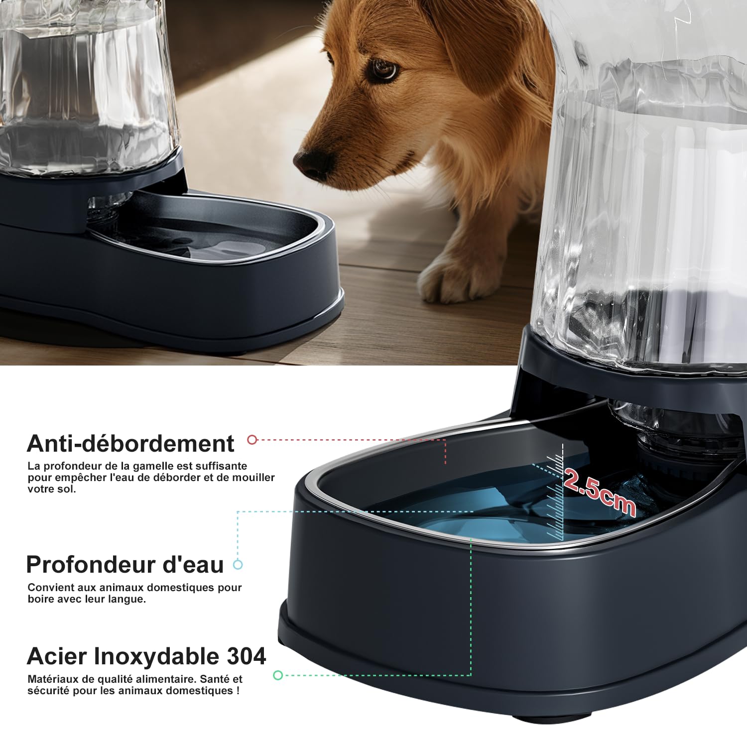 Gardner Pet 3.85L Distributeur Eau Chat Automatique, Gamelle Chat Automatique par Gravité, Distributeur Eau Chien avec Gamelle en Acier Inoxydable, Pas d'électricité, sans BPA (Gris)