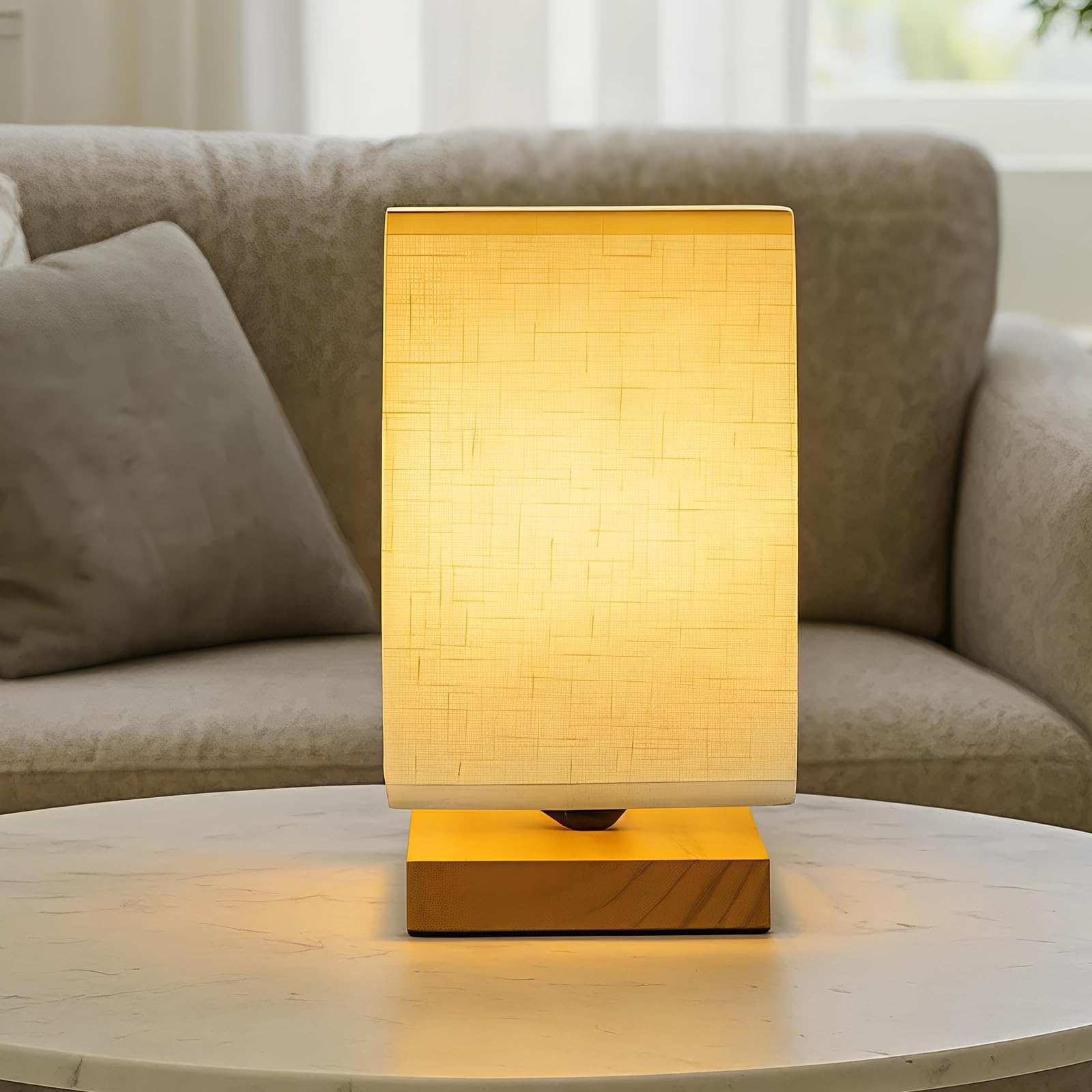 Y.H BLISSHAVEN Square Table Lamp for Bedroom – Compact Minimalist Bedside Lamp with Fabric Shade, On/Off Switch and Natural Wood Base (Warm Light Bulb Included)