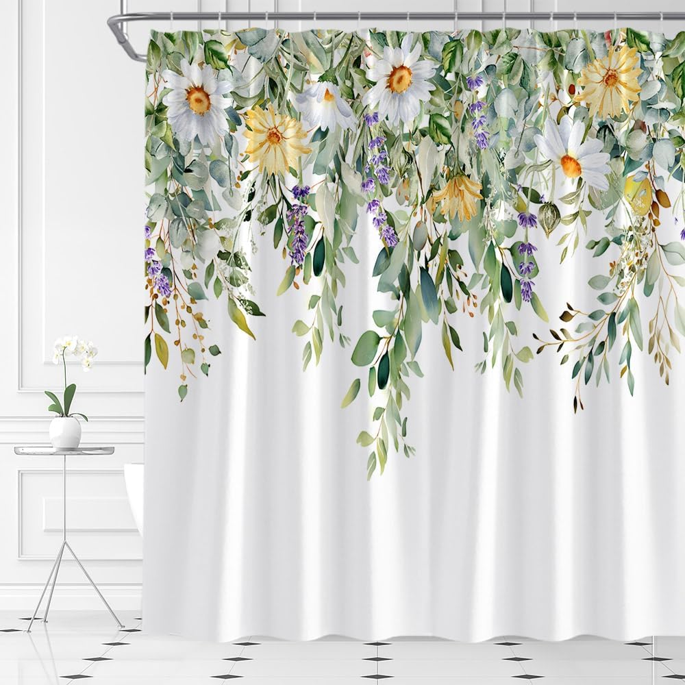 Watercolor Green Leaf Shower Curtain Sage Green Eucalyptus Floral Plant Rustic Country Farmhouse Spring Botanical Fabric Bathroom Decor Set with Hooks,(84" Wx70 H)