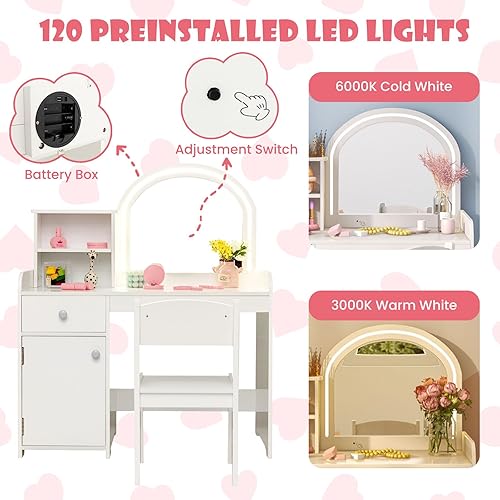 Miniatura 30 de INFANS Vanity - Juego de escritorio y silla de maquillaje de princesa 2 en 1 con espejo desmontable de tres pliegues, estantes de almacenamiento