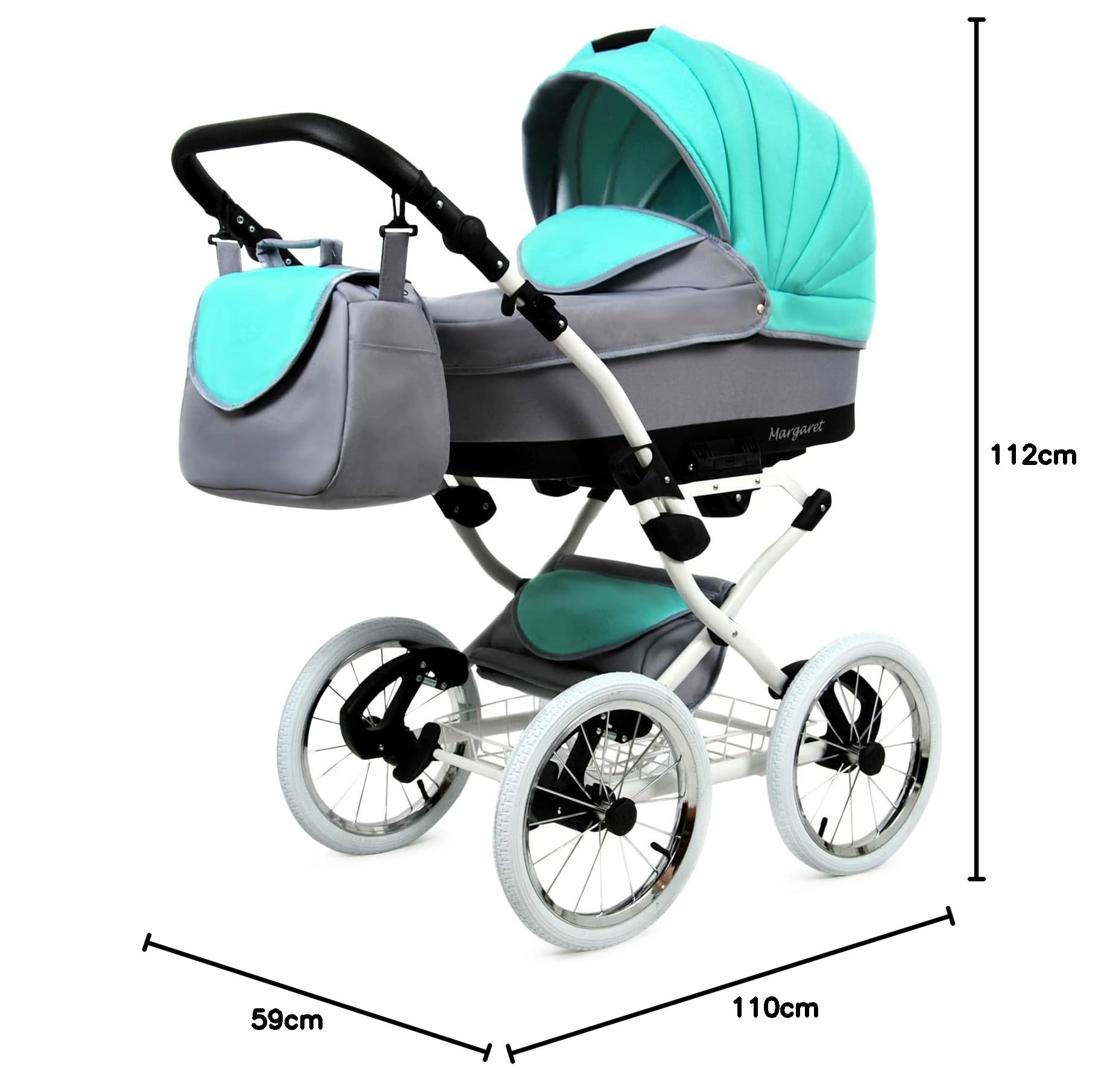 BabyLux Margaret White 3w1 System Podróżny dla Dziecka Retro Wózek + Spacerówka + Fotel Samochodowy z Akcesoriami, Folia Przeciwdeszczowa, Koła 14" Pompowane Mint