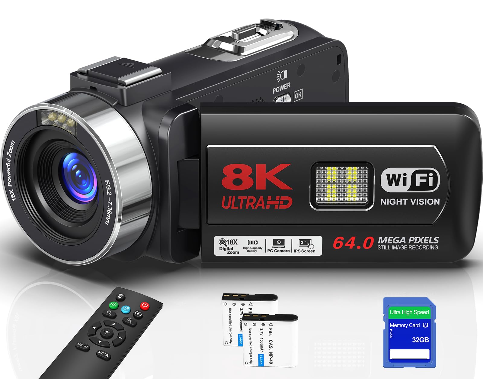 Yollner 8K Video Camera 64MP Camcorder IR Night Vision Vlogging Camera, 18X Zoom WiFi Digital Touch Screen Camcorder for YouTube with 32GB SD Card, Remote Control, and Two Batteries