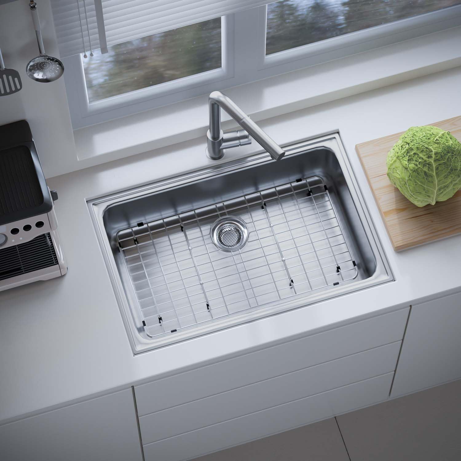 Kitchen Sink Grid and Sink Protector, Stainless Steel Sink Grate with Rear Drain, Metal Sink Protector Grate for Bottom of Kitchen Single Sink Bowl, 27.6"L×14.6"W