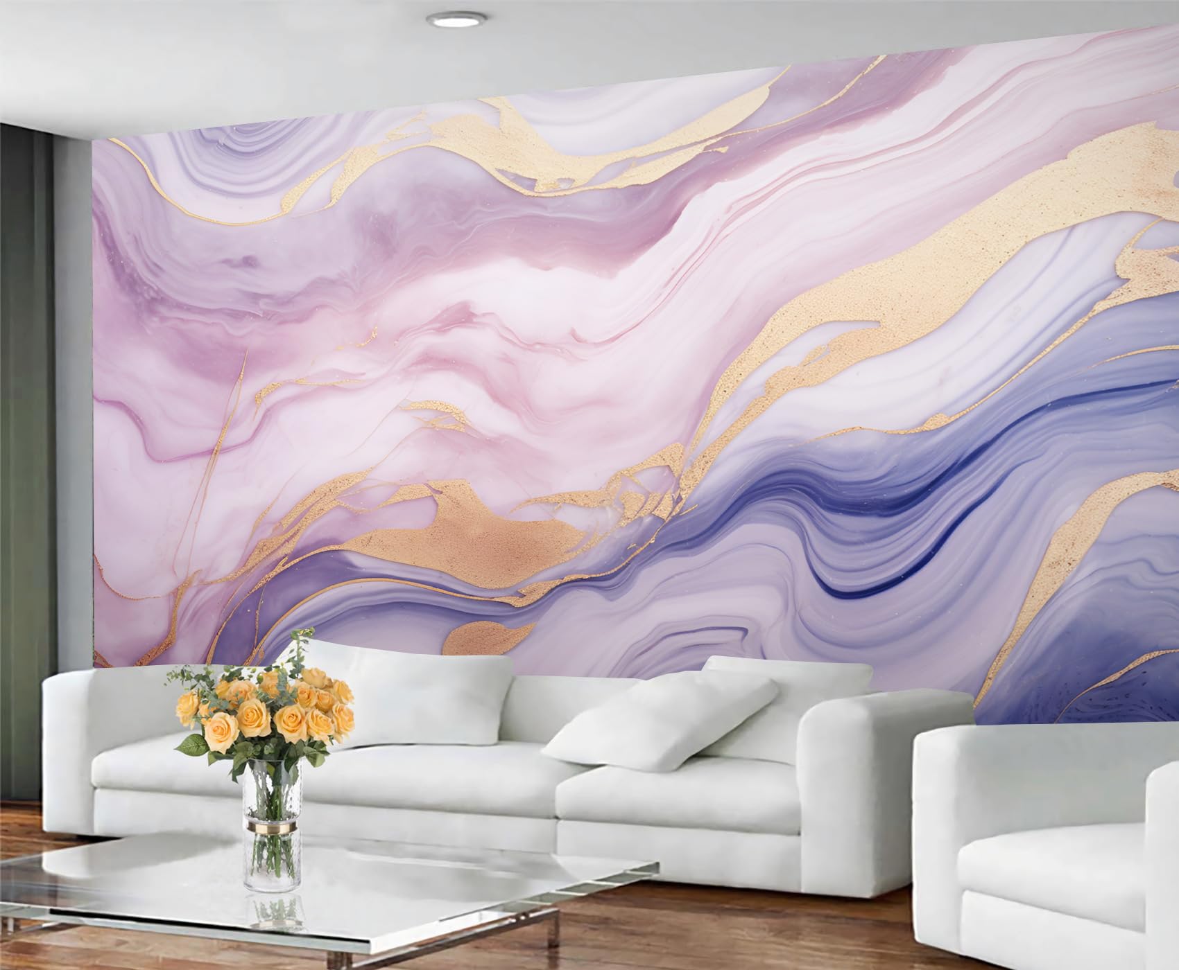 YXQAIED Marble Wallpaper, Modern Pink Purple Bedroom Wallpaper, Romantic Girl Pink Wall Paper for Living Room, Not Self Adhesive Retro Gold Stripes Photo 3D Wall Murals & Room Decor, 390x260cm