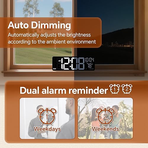 Miniatura 5 de Reloj de pared digital de 16 pulgadas con luz nocturna, reloj digital con control remoto de cambio de colores RGB, alarma doble, atenuador, DST