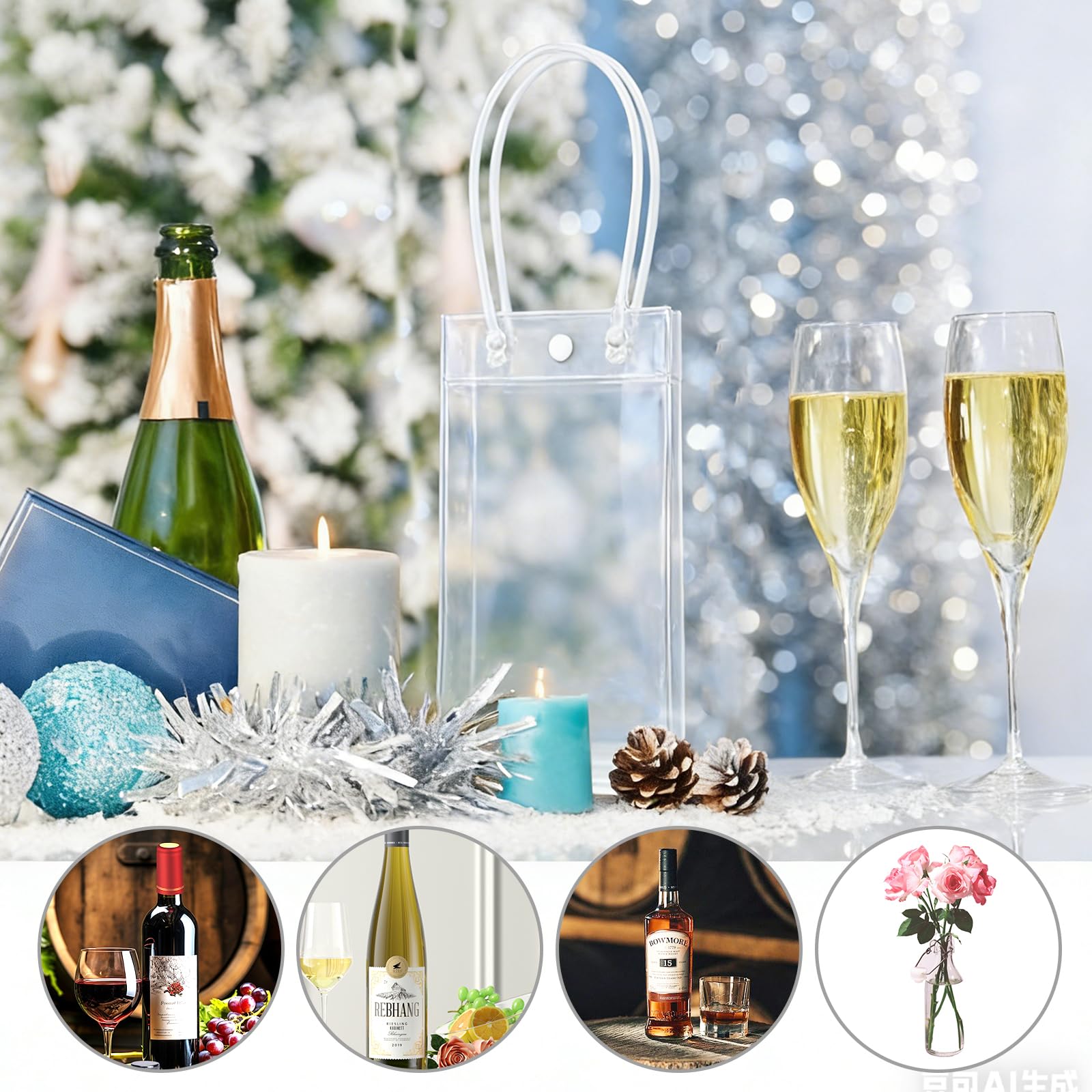 Lot de 24 refroidisseurs de bouteilles Ice Bag - 10 x 25 x 10 cm - Transparent - Sac à glace en PVC - Sac à glace anti-fuite avec poignée pour bière froide, vin, boissons, fête, extérieur