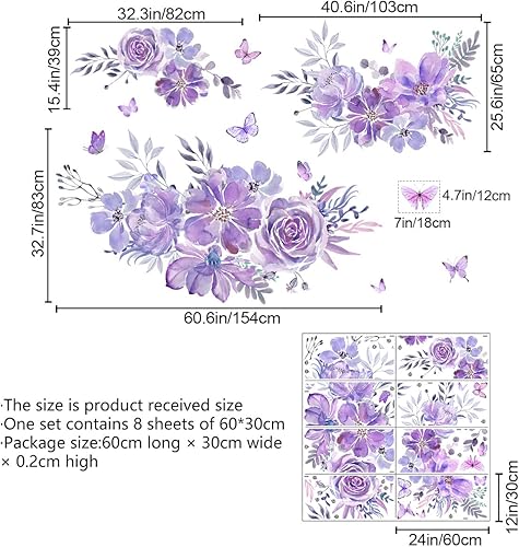 Miniatura 9 de Amaonm - 4 hojas de 12 x 36 pulgadas, calcomanías de pared grandes 3D de flores coloridas moradas y rojas, plantas, hojas verdes, calcomanías de