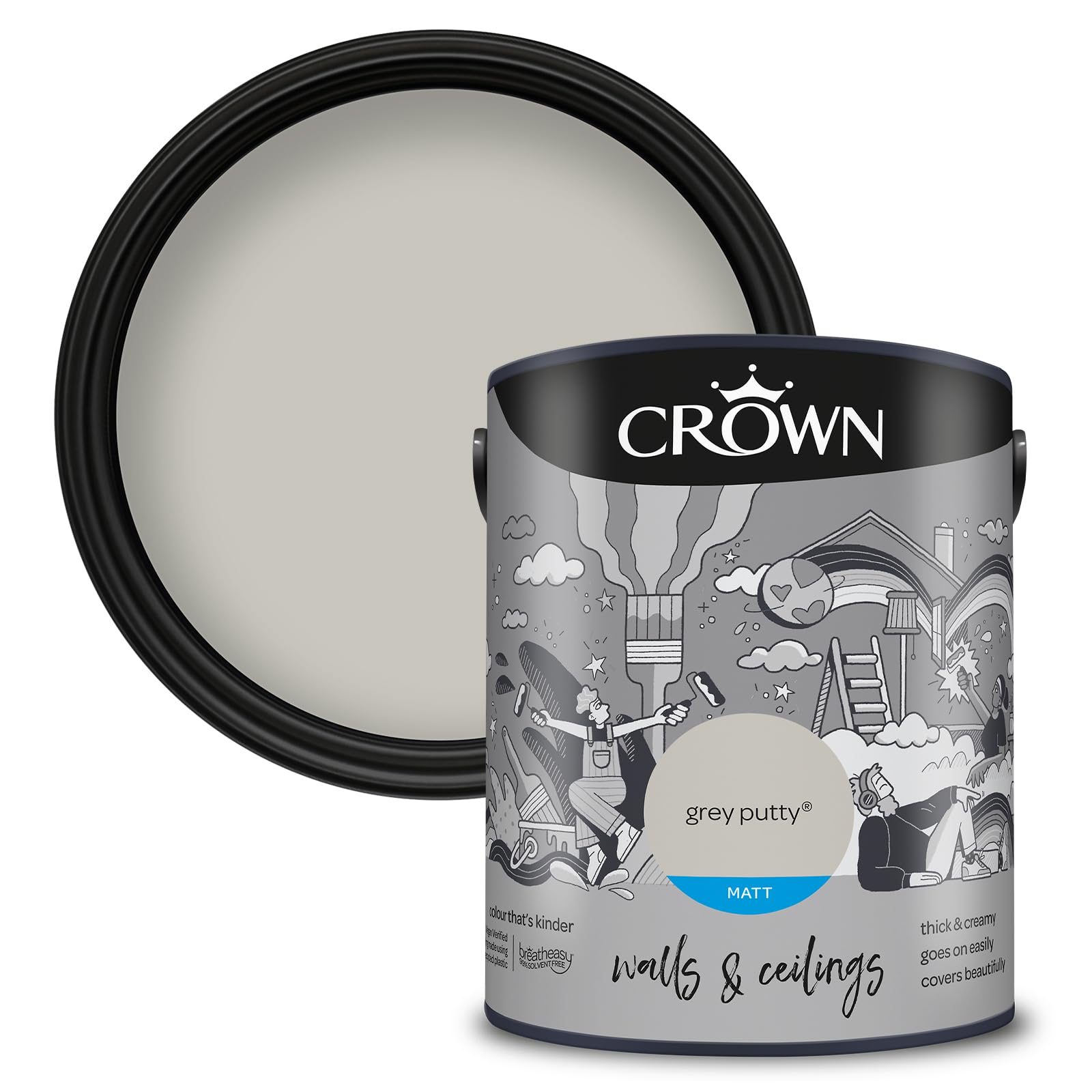 Crown Paints Crown Breatheasy Matt Emulsion Paint 5L - Grey Putty