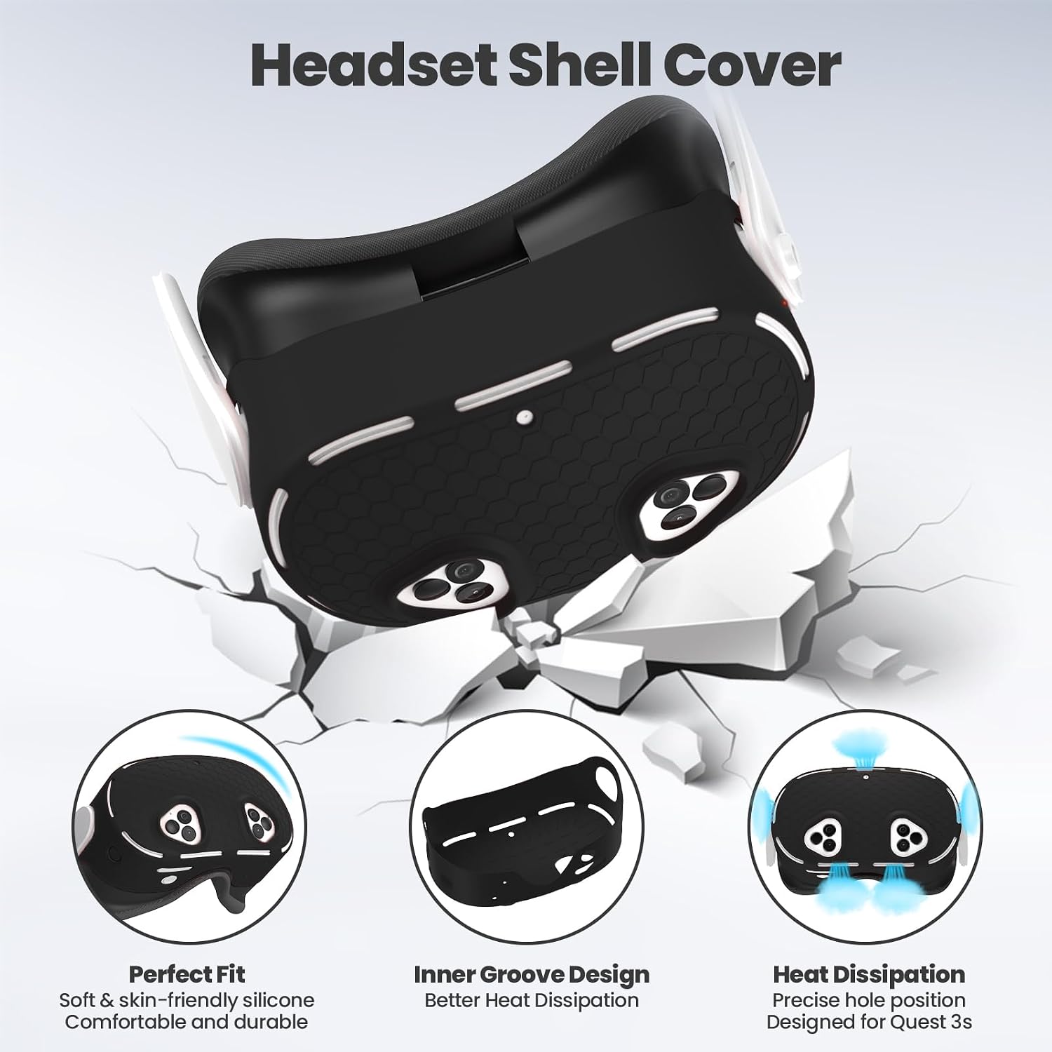 MEGREZ Compatible with Meta Quest 3S VR Silicone Cover Set, Quest 3S Accessories Protective Cover Set, Silicone Protective Shell Cover, VR Face Cover, Controller Grips Cover, Black