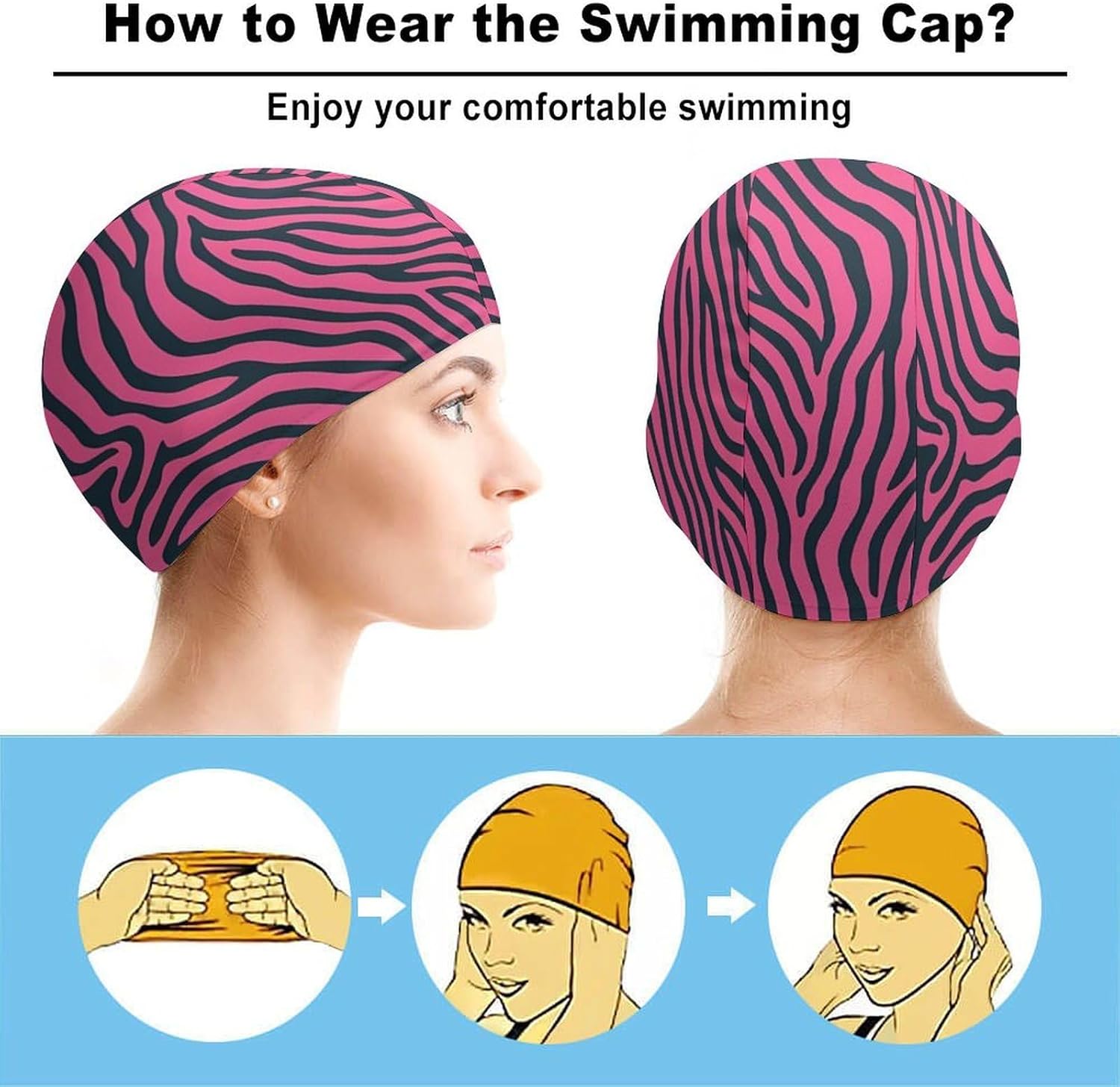 Pinkblack Zebras Print Womens Swim Cap for Men Adult Swimming Hat Curly Short Medium Long Hair