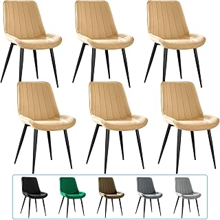 Pack de 6 Sillas de Comedor, Sillas de Cocina, Silla Tapizada, Silla de Salón, Silla de Diseño con Respaldo, Asiento de Terciopelo con Patas de Metal Negro, Color Champán