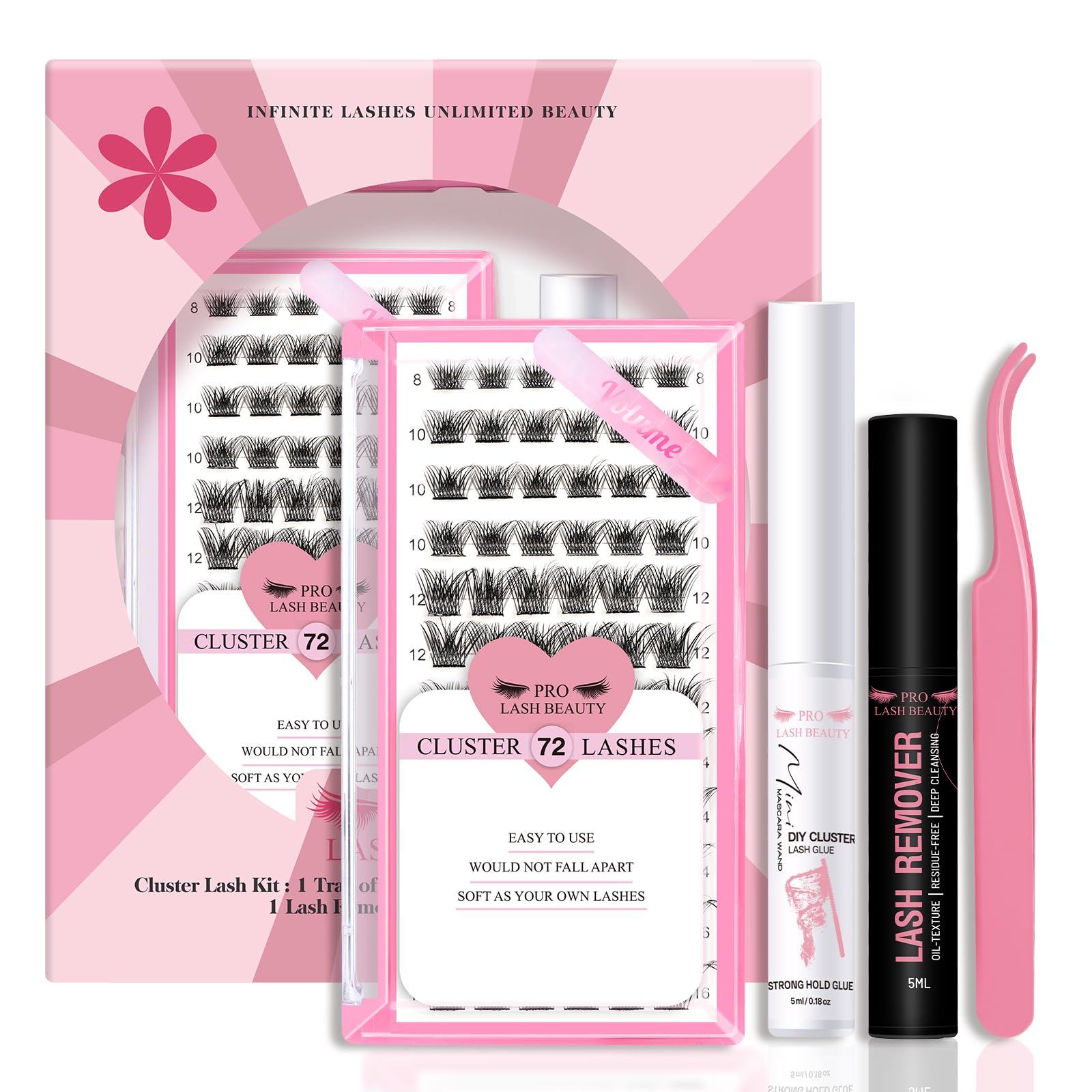 DIY Lash Extension Kit Cluster Lashes Kit with 72 Pcs Lash Clusters Lash Bond Remover Eyelash Applicator Beginner DIY Lashes Kit Easy to Use (Volume Style)