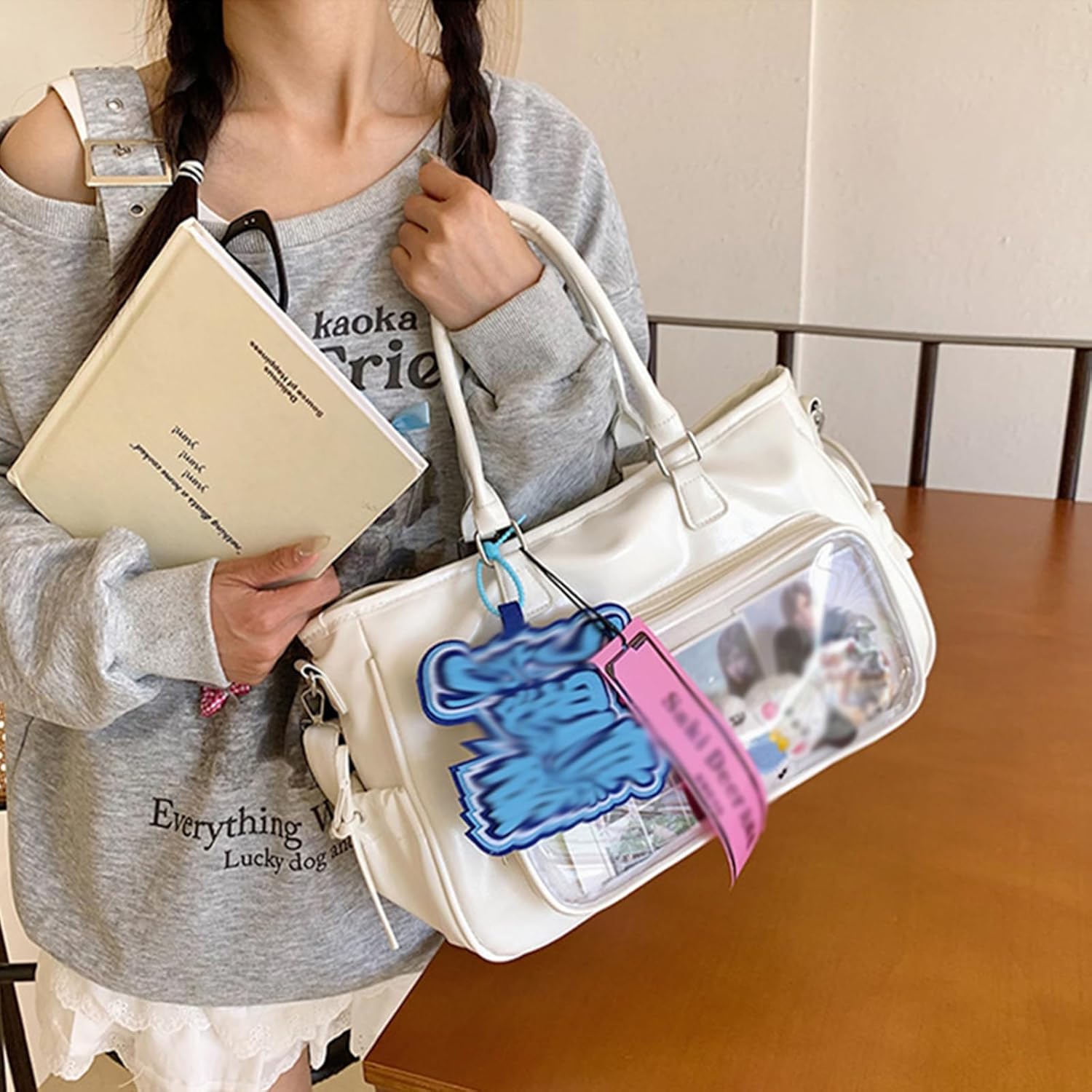 Ita Tote Bag, Pin Display Crossbody Purse, JK Lolita Bag, Y2K Aesthetic Shoulder Bag, PU Handbag Backpack, White, Medium