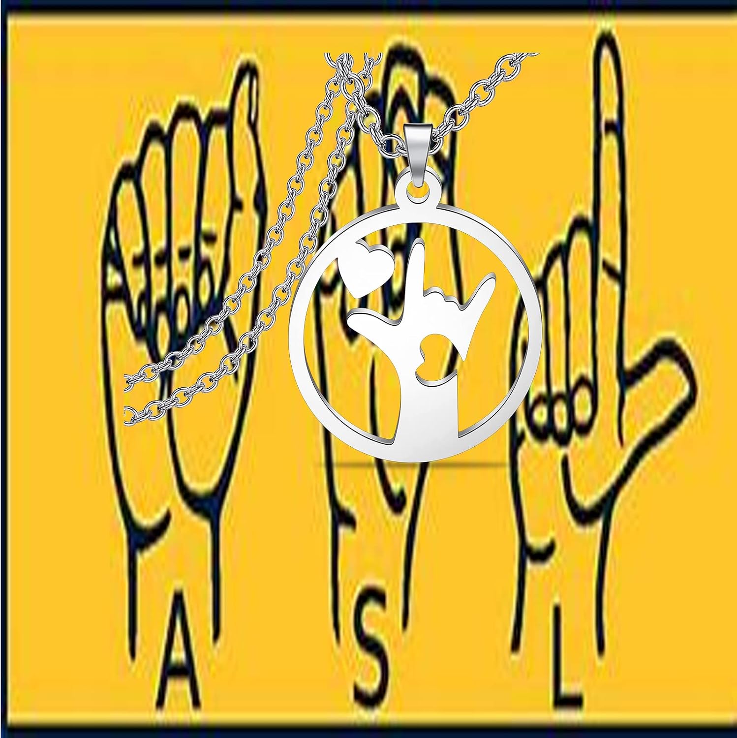 LQRI ASL American Sign Language Jewelry I Love You Hand Sign Language Round Necklace ASL Jewelry Interpreter Teacher gift