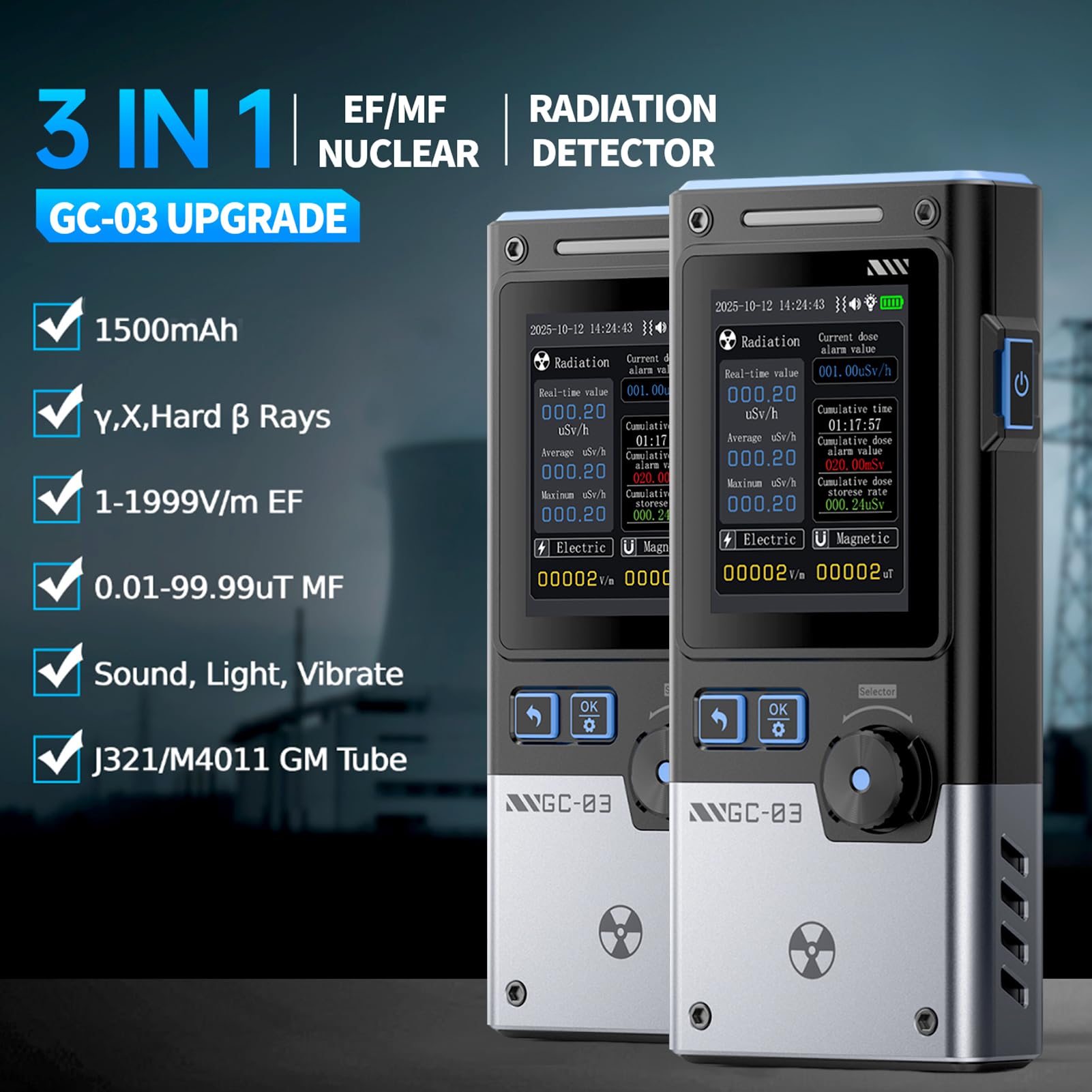 GC-03 Multifunktionaler Strahlungsdetektor, 3 in 1 Elektromagnetischer Strahlungsdetektor Geigerzähler 2,4 Zoll Farbdisplay Schwarz