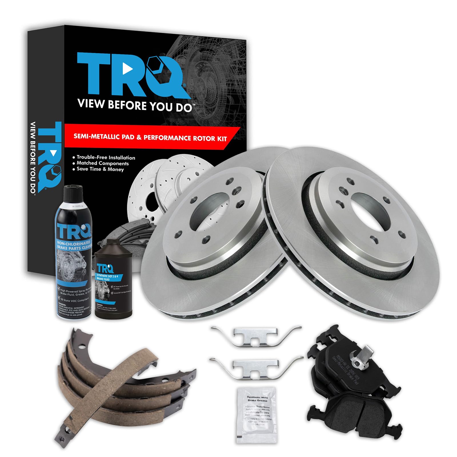 TRQ Rear Brake Pad &amp; Rotor Kit, with Chemical Kit Parking Brake Shoe Set Semi-Metallic Compatible with 2001-2006 BMW 330Ci 2001-2005 330i 330xi