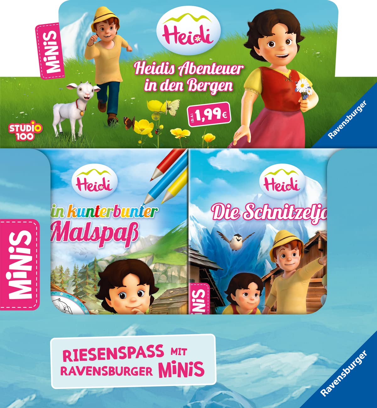 Verkaufs-Kassette "Ravensburger Minis 14 - Heidis Abenteuer in den Bergen": Mein Malbuch / Mein kunterbunter Malspaß / Die Schnitzeljagd / Glöckchen wird geboren