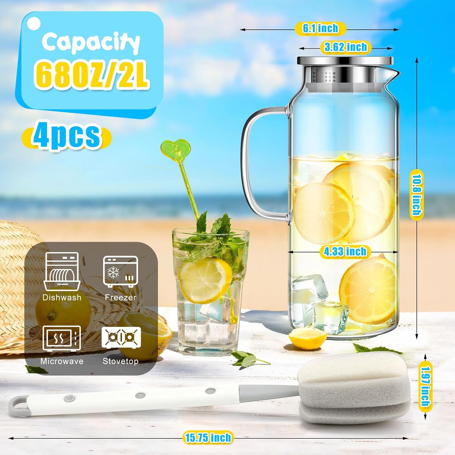 Maxdot 4 Pcs 2 Liter 68 oz Glass Pitcher with Lid and Spout Fridge Glass Carafe Hot/cold Water Large Iced Tea Pitcher for Coffee Juice Homemade Beverage with 4 Long Handled Brush Included