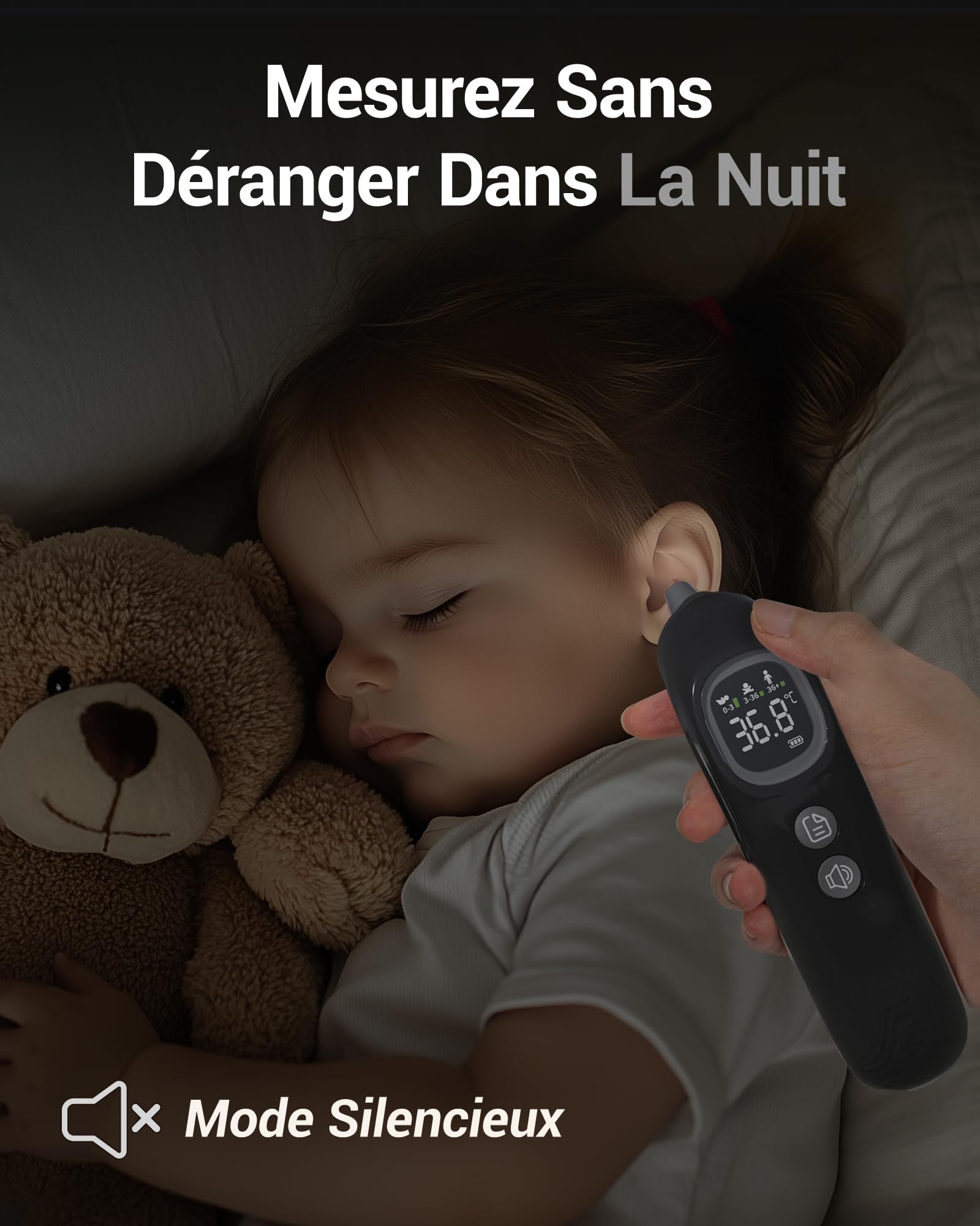 Thermomètre Auriculaire Haute Précision - Mesure en 1 Seconde - Guidage Intelligent par Tranche d'Âge - Mode Silencieux - Thermomètre Numérique pour Enfants et Adultes - 20 Embouts Jetables Inclus
