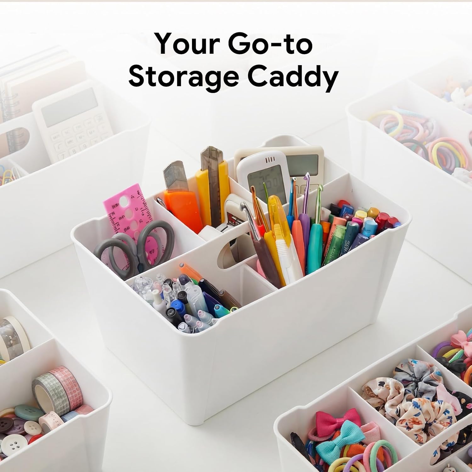 17QT Plastic Craft Storage Box with Lid, 2 Removable Desk Organizer Caddies, Clear Stackable Storage Container for Art Supplies, Beads, Tools, Toys & Classroom Use (White, 1 Pack)