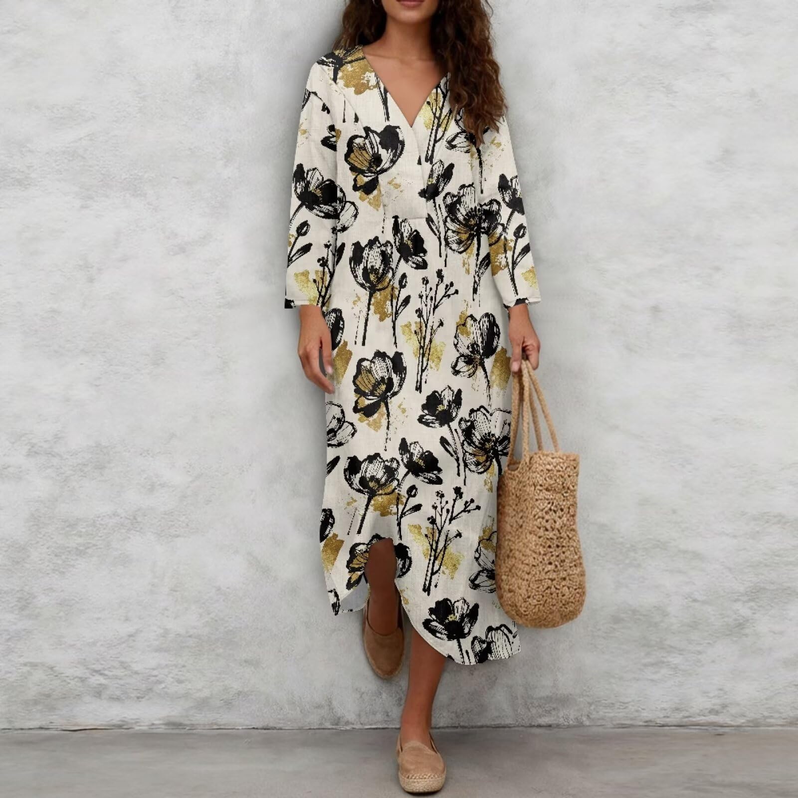 Wanyint Linen-Like - Vestido largo para mujer, manga 3/4, cuello en V, ajuste holgado, casual, para todo el año, tallas S-4XL