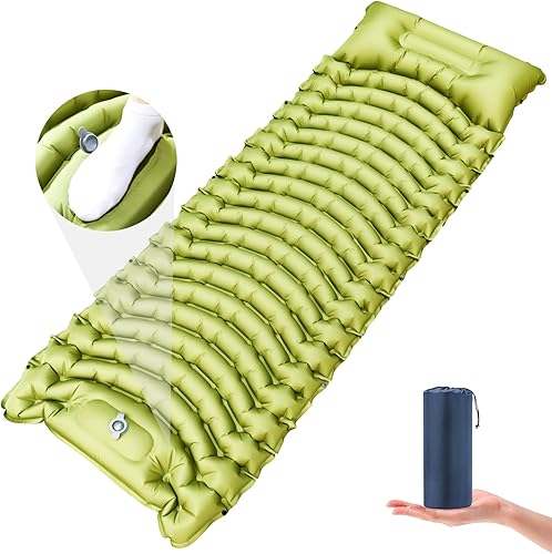 Colchoneta de dormir para camping, almohadilla de dormir autoinflable, extra gruesa, con almohada con bomba de pie incorporada, colchoneta inflable