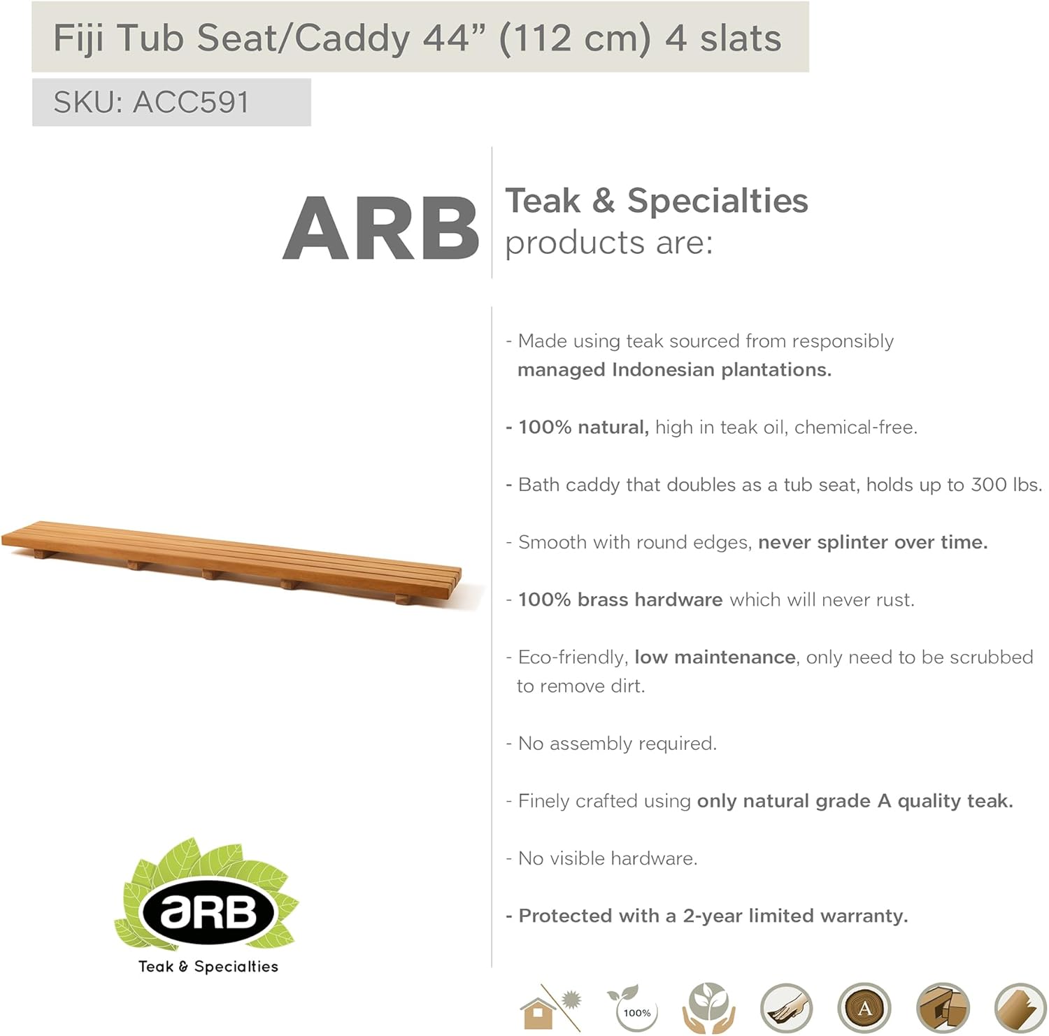 Arb Teak & Specialties Fiji Bath Tub Seat - Caddy with 4 slats - 44"