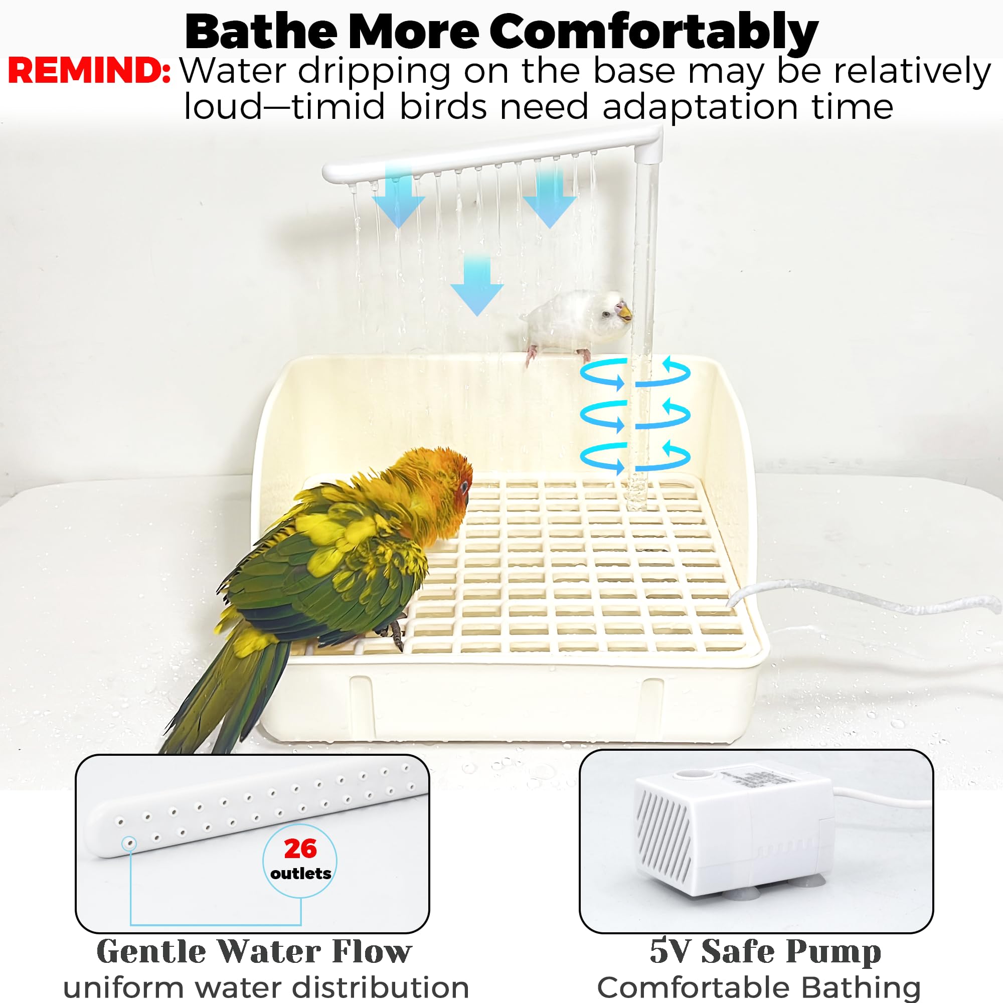 Automatic Parakeet Bird Bath with Pump, Large Bird Shower Fountain Indoor Bathtub with Running Water, Parrot Bath Tub Faucet for Pet Birds, African Grey, Cockatiel, Conure, Budgie, Lovebird - image 4